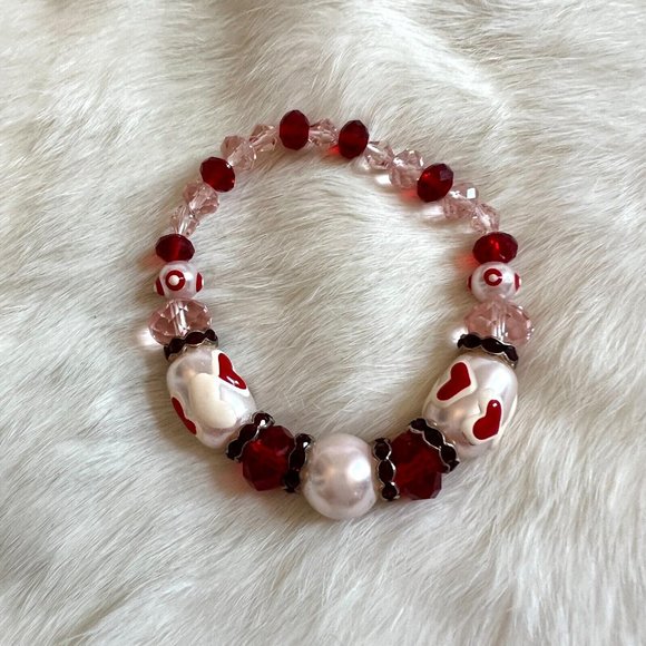 HEart Stretch Bracelet Red Pink Facet Glass Enamel Rhinestone Love 13430 - Picture 1 of 9